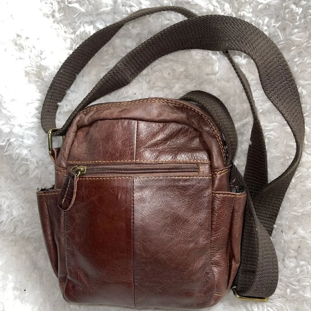 Smile Bird Leather faded Brown Men small messenger bag .Nylon adjustable strap.